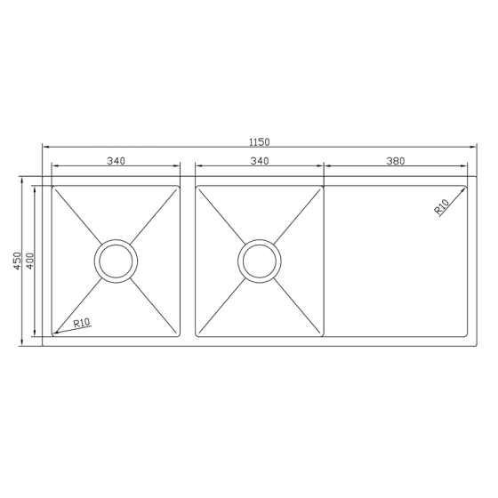 BC-D11545  Stainless Steel Double Sink with Drainer, 1150 x 450 x 230mm - Brushed  Nickel